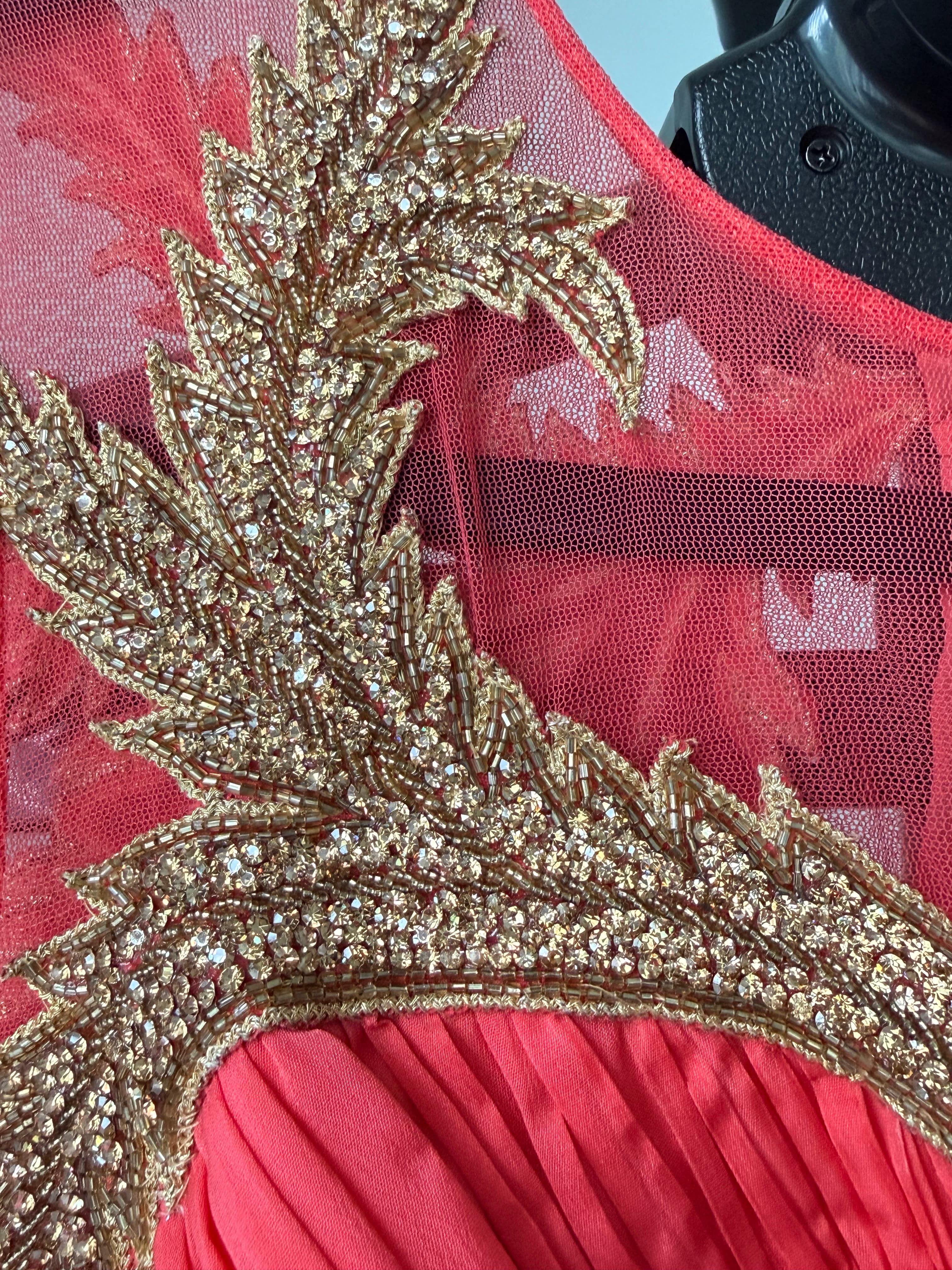 Coral Pink Saree Gown with Sheer Back