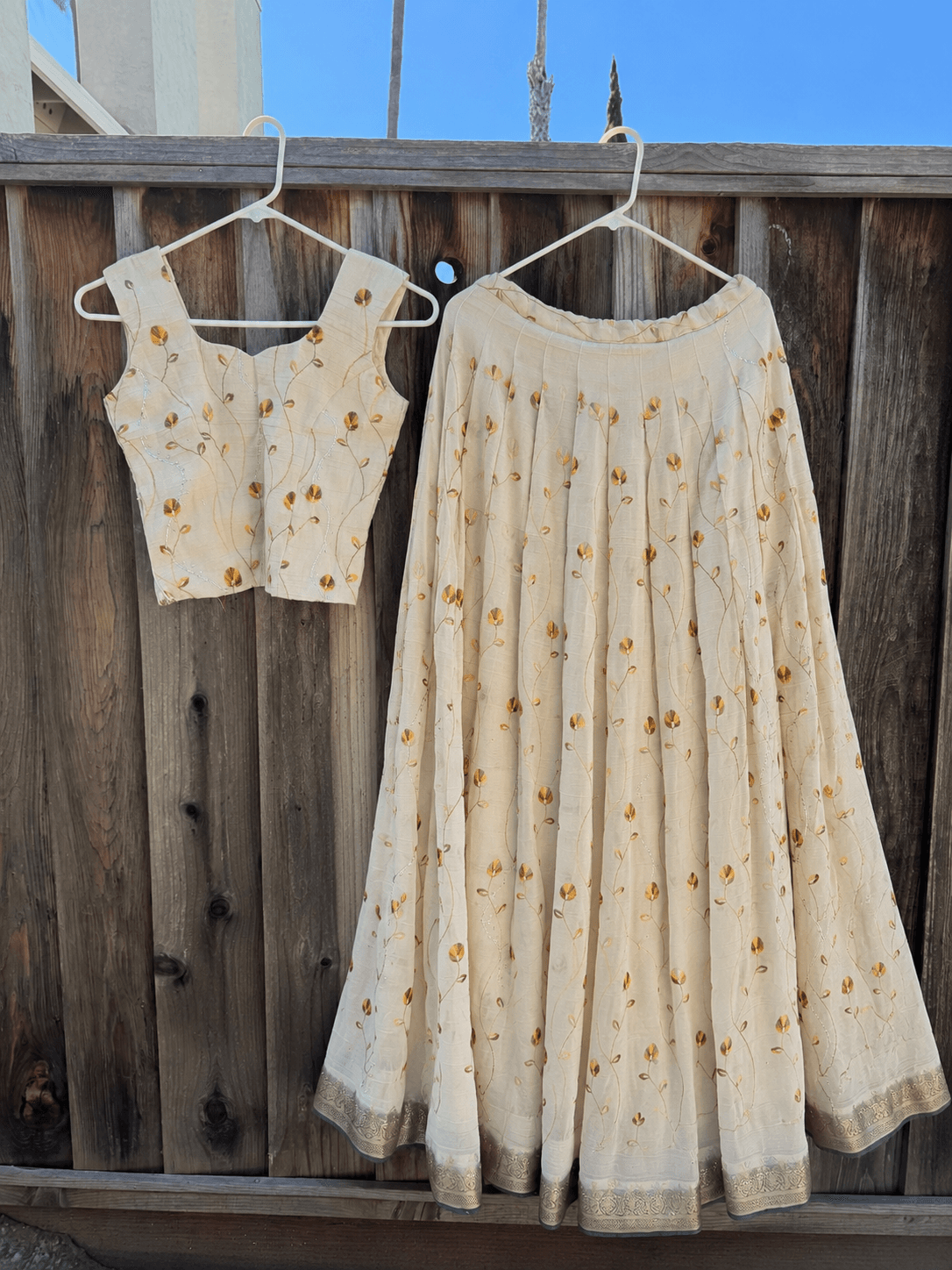 Cream & Gold Embroidered Indian Lehenga Set – Floral Design