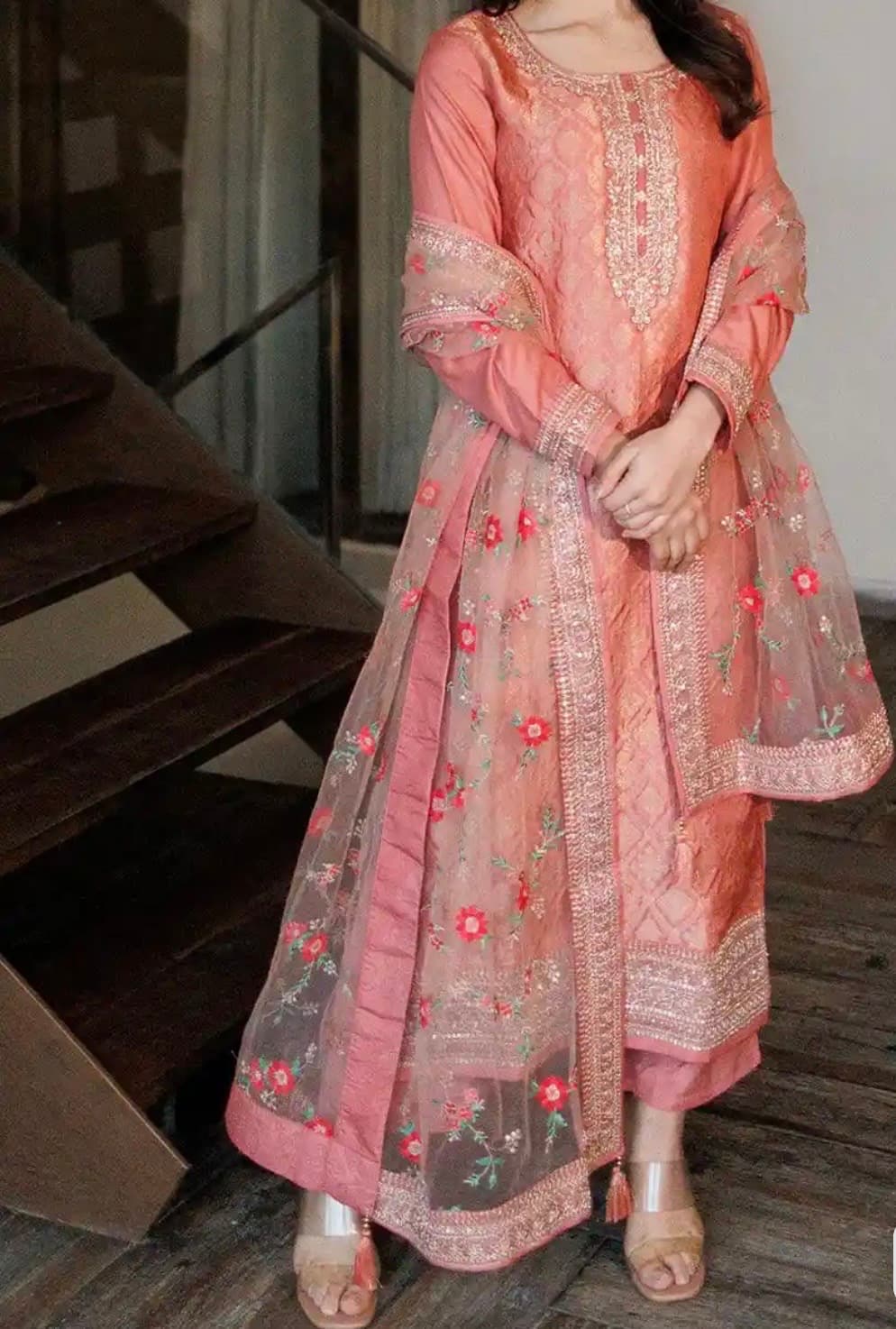 Embroidered kurtha with trousers and dupatta
