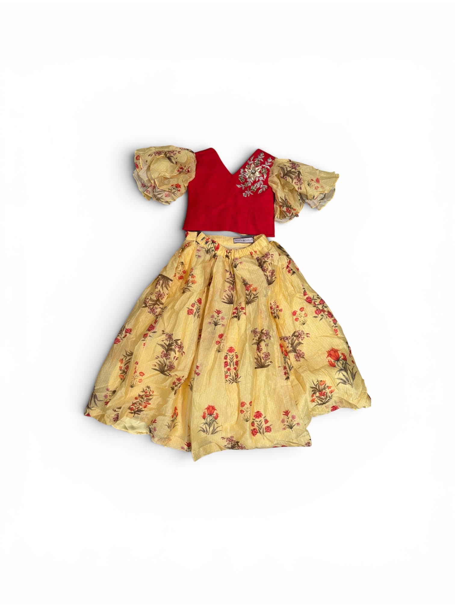 Red Crop Top with Yellow Floral Full Skirt Set